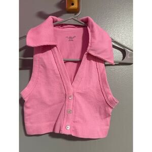 Out From Under Urban Outfitters Pink Ribbed Collared Crop Top Sleeveless XS/S
